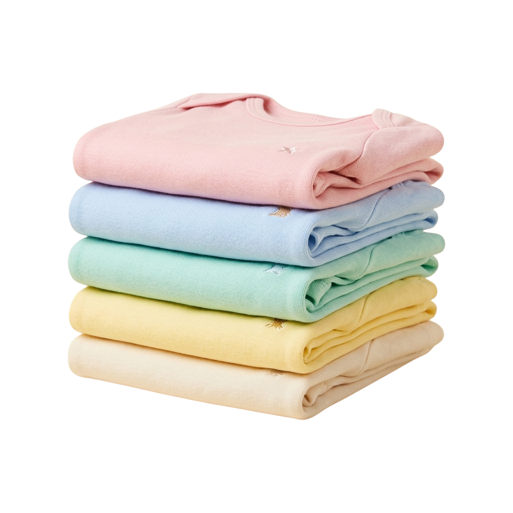 A stack of folded pastel colored t shirts