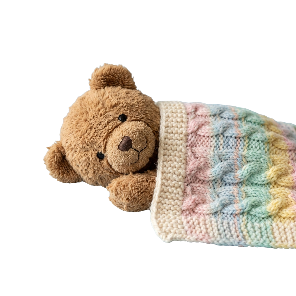 Brown teddy bear wrapped in pastel rainbow colored knitted blanket