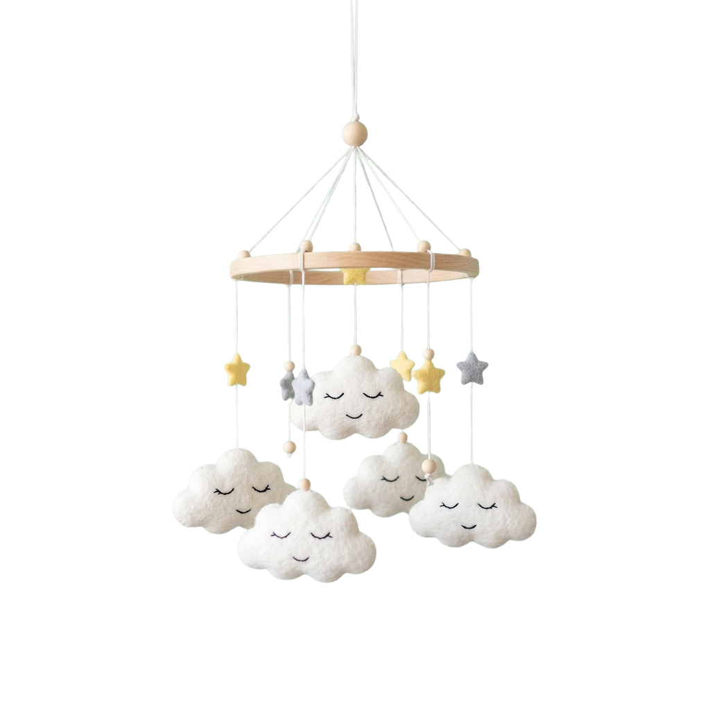 A baby mobile with white fluffy clouds and gold and silver stars