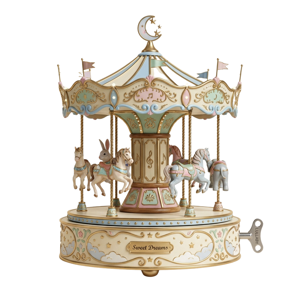 A music box carousel with horses and a rabbit on a black background