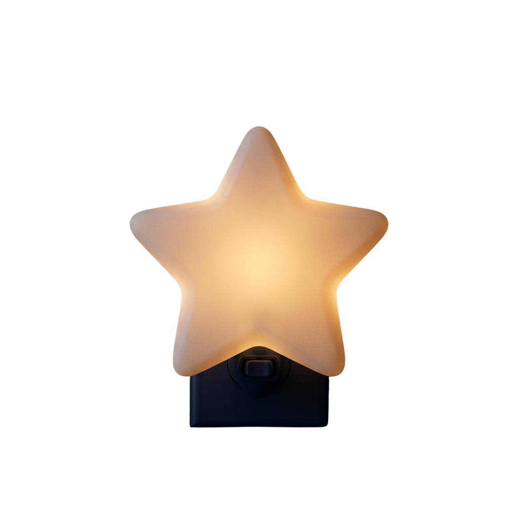 a star shaped night light glowing softly