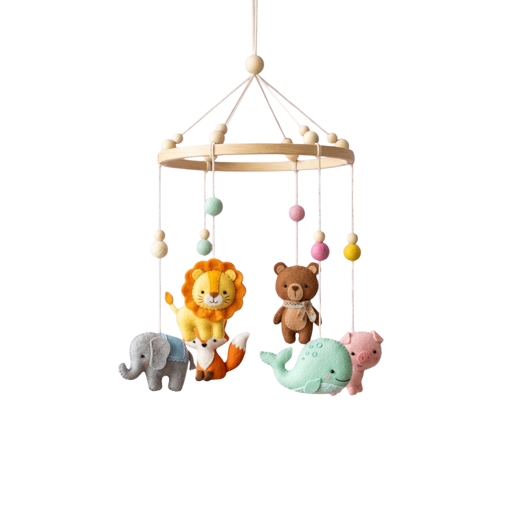 A baby mobile with stuffed animal toys hanging from it
