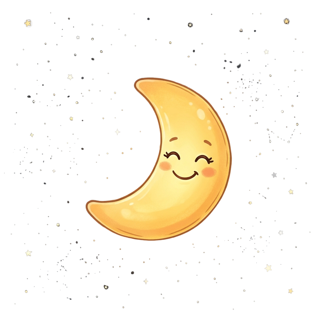 A cartoon crescent moon with a smiling face and rosy cheeks on a starry black background