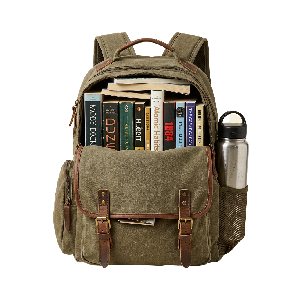 A large canvas backpack filled with books and a water bottle attached to the side pocket