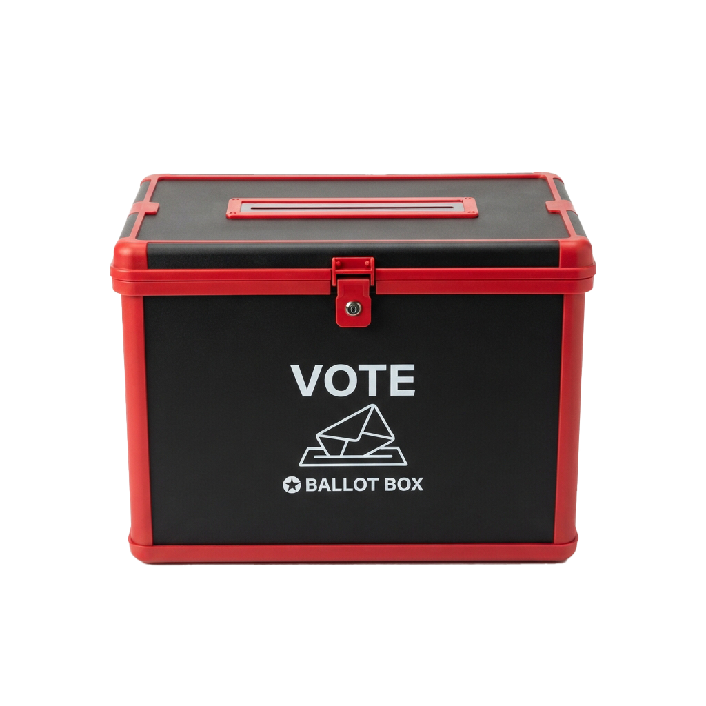 A black and red hard case ballot box labeled Vote with a ballot symbol and text Ballot Box