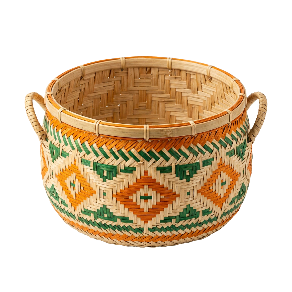 A round woven basket featuring orange, green, and beige geometric patterns with two sturdy handles on each side
