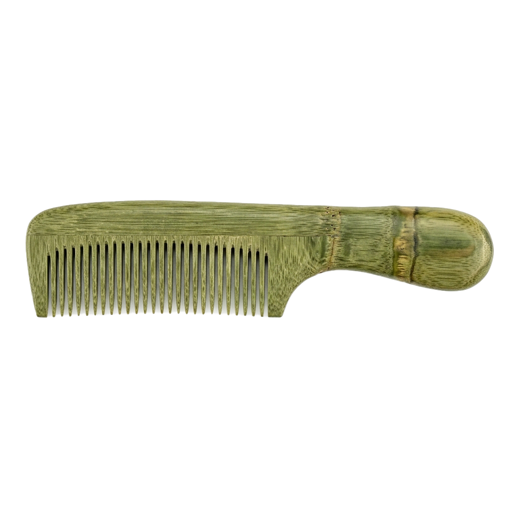 A wooden comb with fine teeth and a natural handle for hair grooming