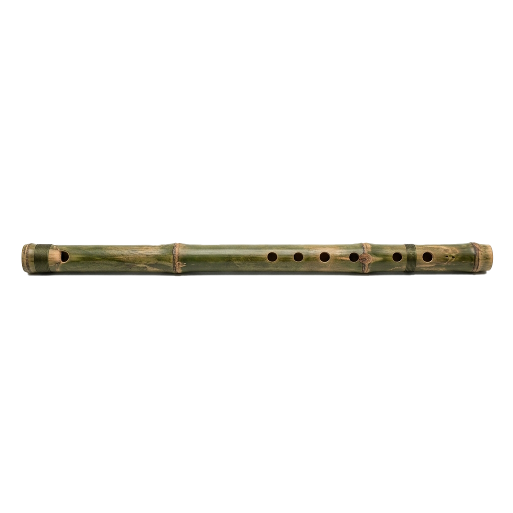 A bamboo flute with six finger holes and decorative end caps against a black background