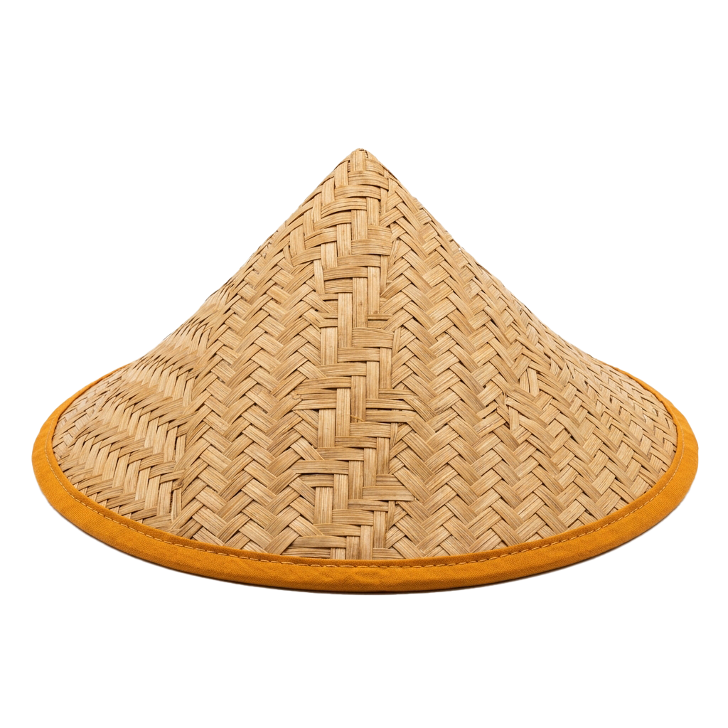 A conical hat made from woven straw with a yellowish-brown rim
