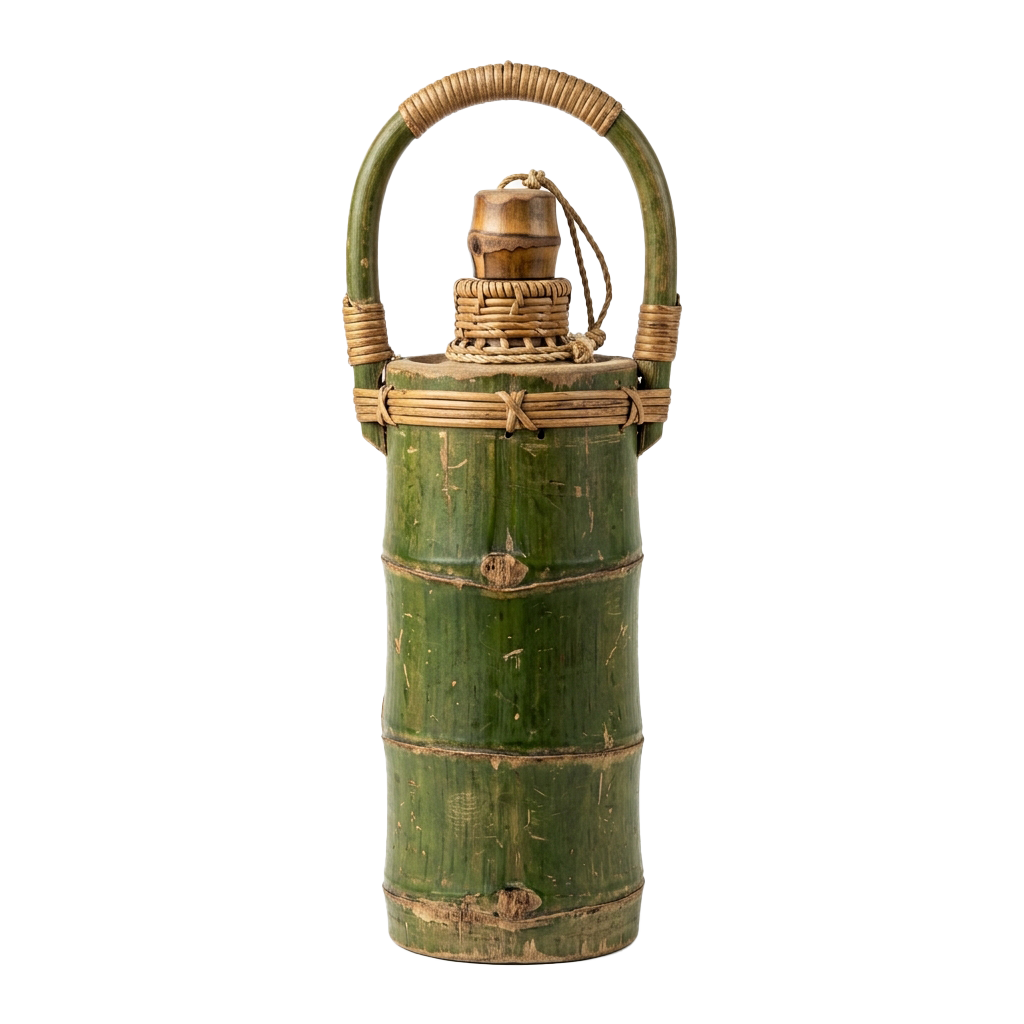 Handmade bamboo oil lamp with wicker handle and spout for fuel, displayed against a dark background