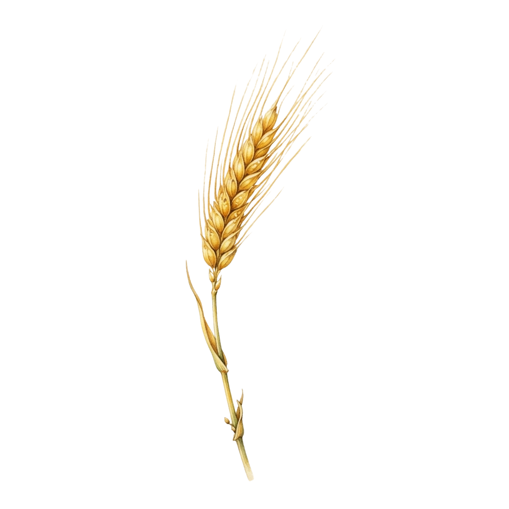 A close-up image of a single wheat ear with golden grains and a light brown stem against a black background