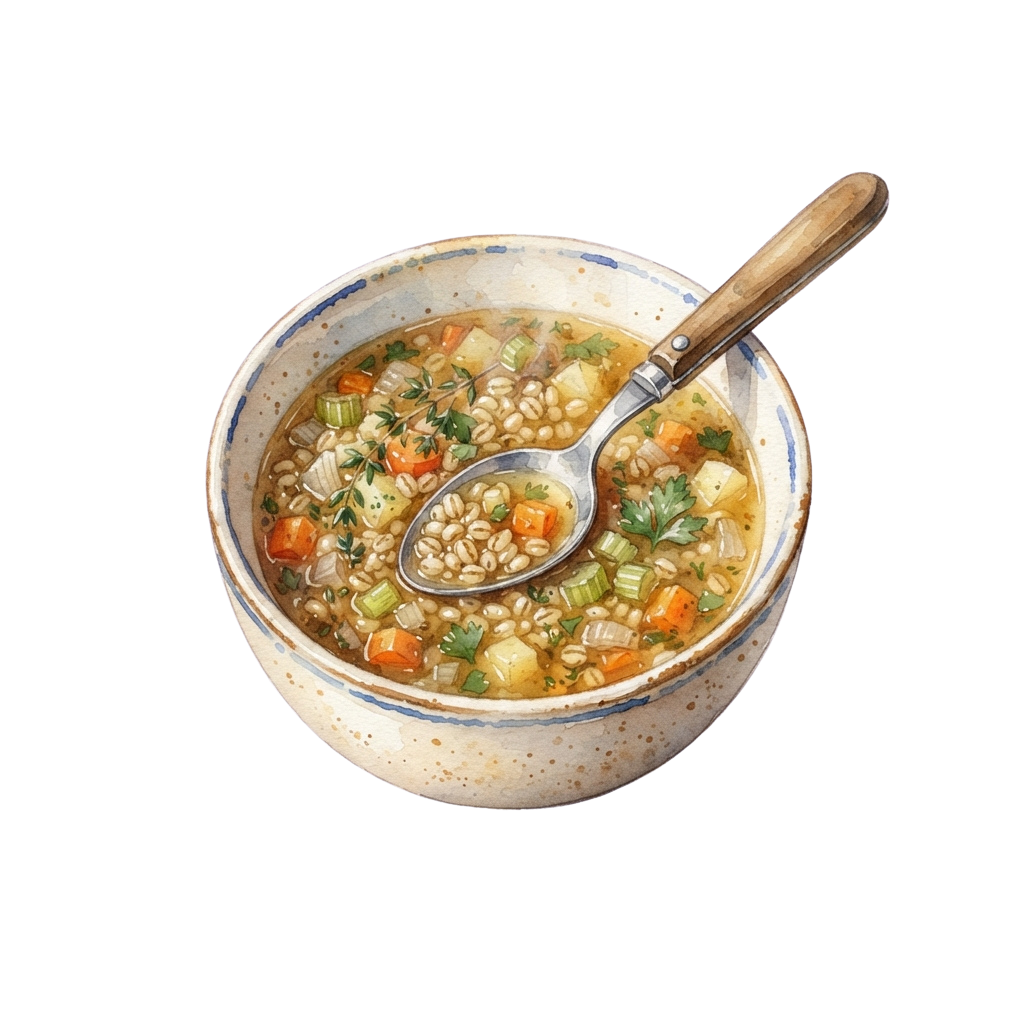 Ceramic bowl filled with hearty vegetable and grain soup, wooden spoon inside