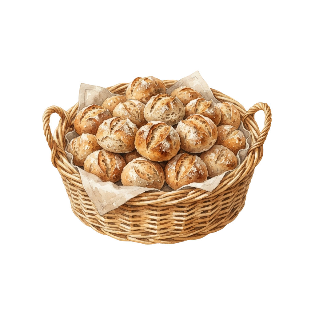 A wicker basket filled with golden-brown artisan bread rolls lined with parchment paper