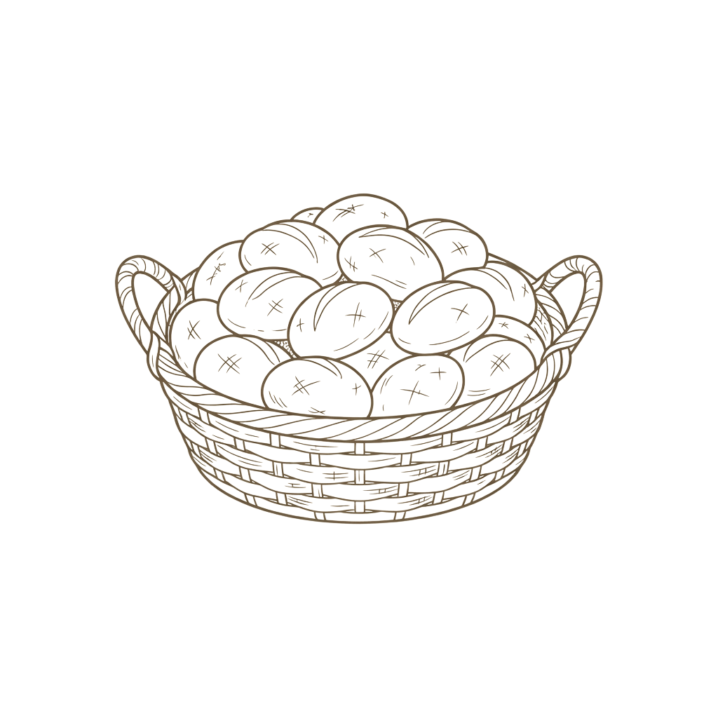 A woven basket containing dark-colored eggs with cross markings on each egg