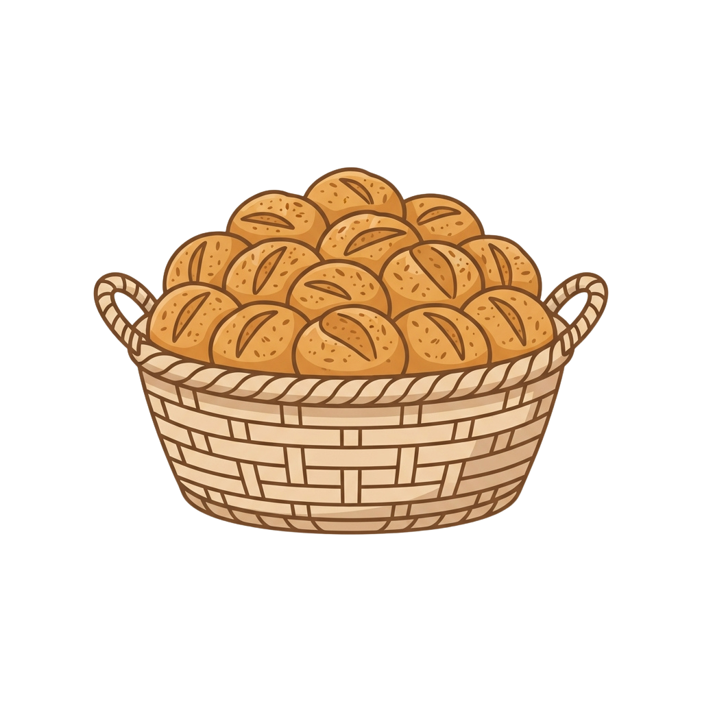 A wicker basket filled with twelve freshly baked round loaves of bread.
