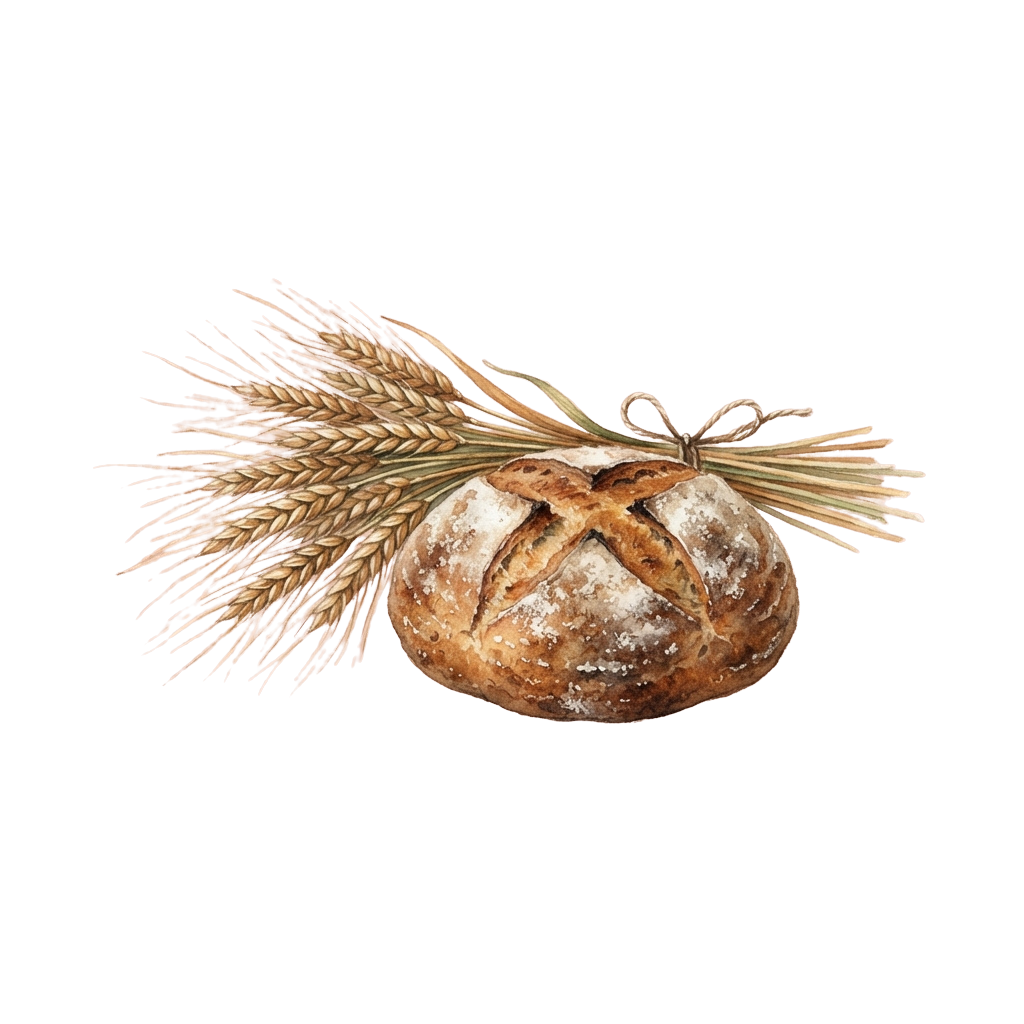 Round loaf of bread with a wheat bundle tied on top against a black background
