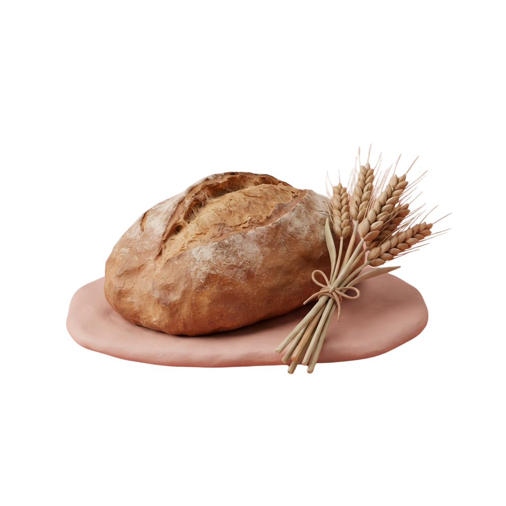 Golden brown artisan bread with wheat sheaf decoration on a pink plate