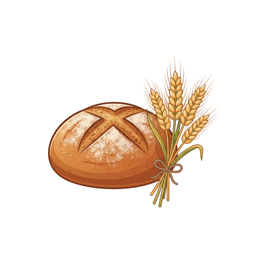 A round loaf of bread with a cross-cut top next to a bundle of wheat stalks tied with a string