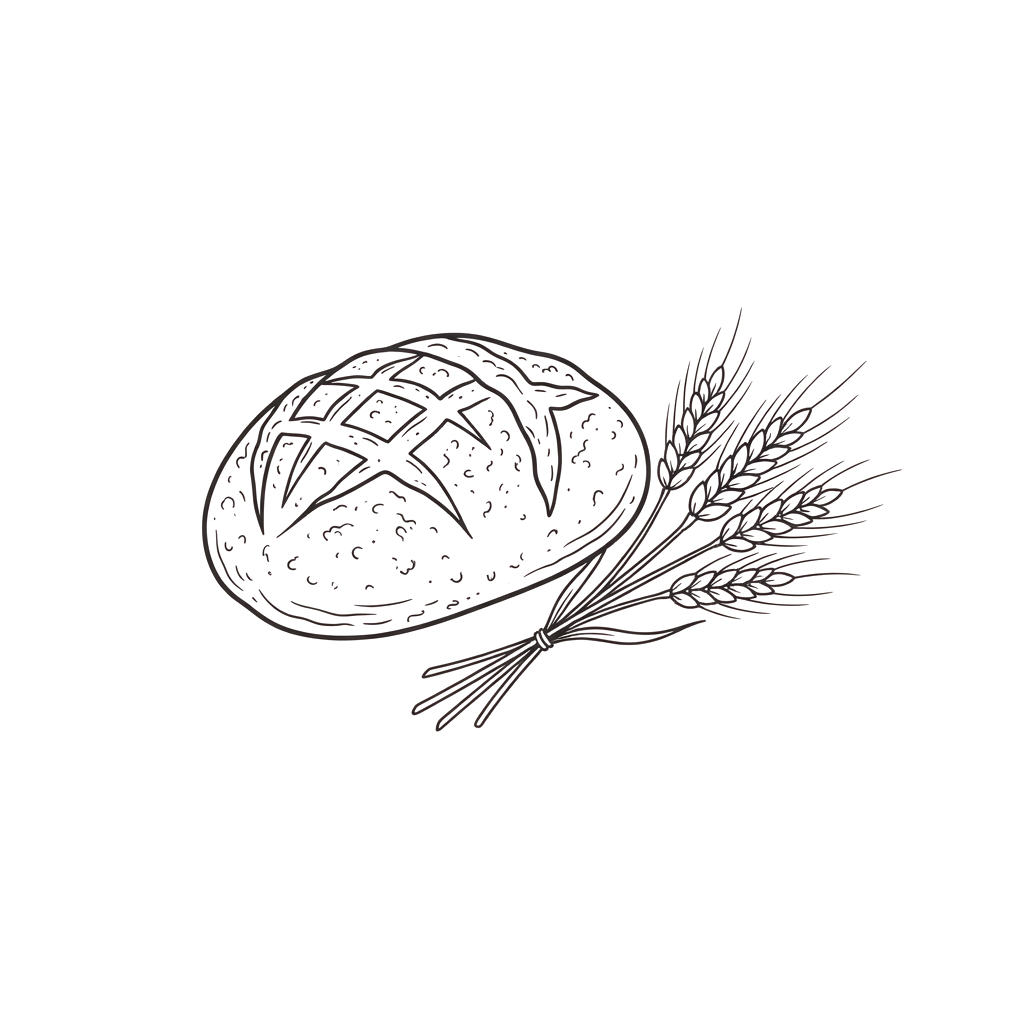 An illustration of an egg with a cracked top next to a bundle of wheat stalks
