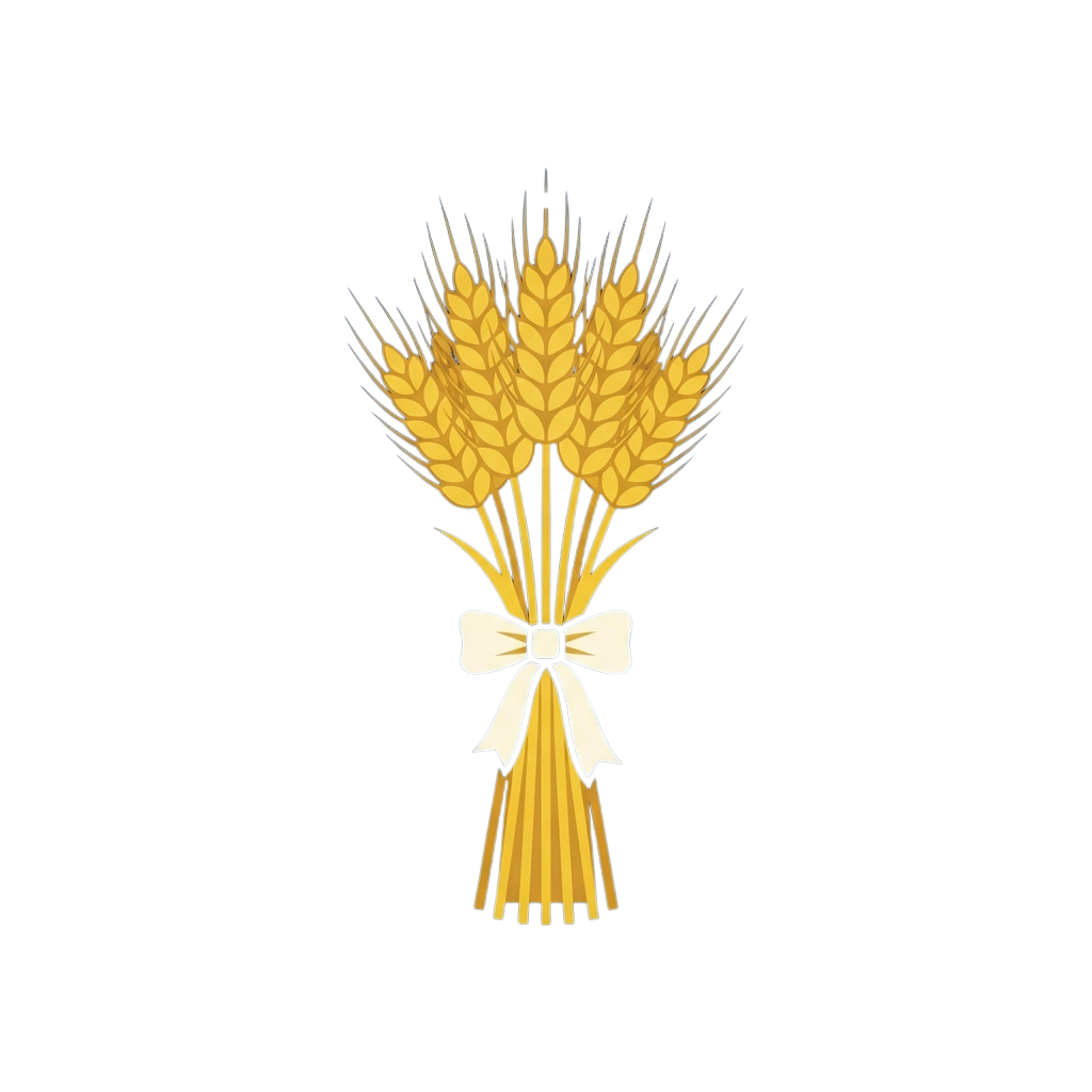Illustration of a golden wheat sheaf tied with a white ribbon against a black background