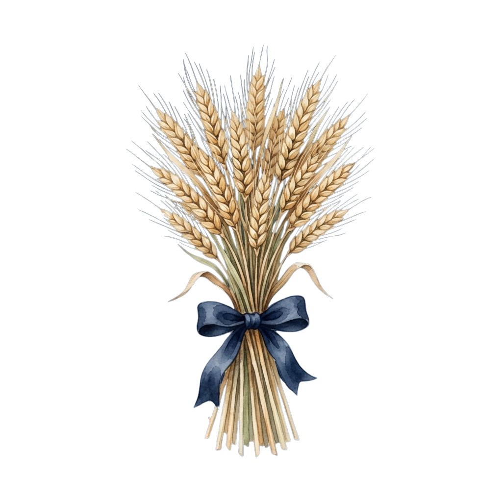 A bundle of golden wheat sheaves tied together with a blue ribbon against a black background