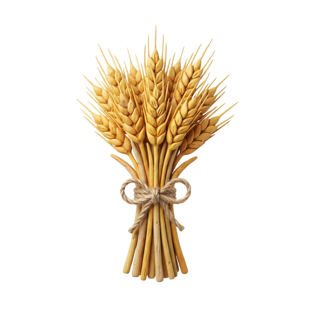 A bundle of golden wheat sheaves tied together with twine against a black background