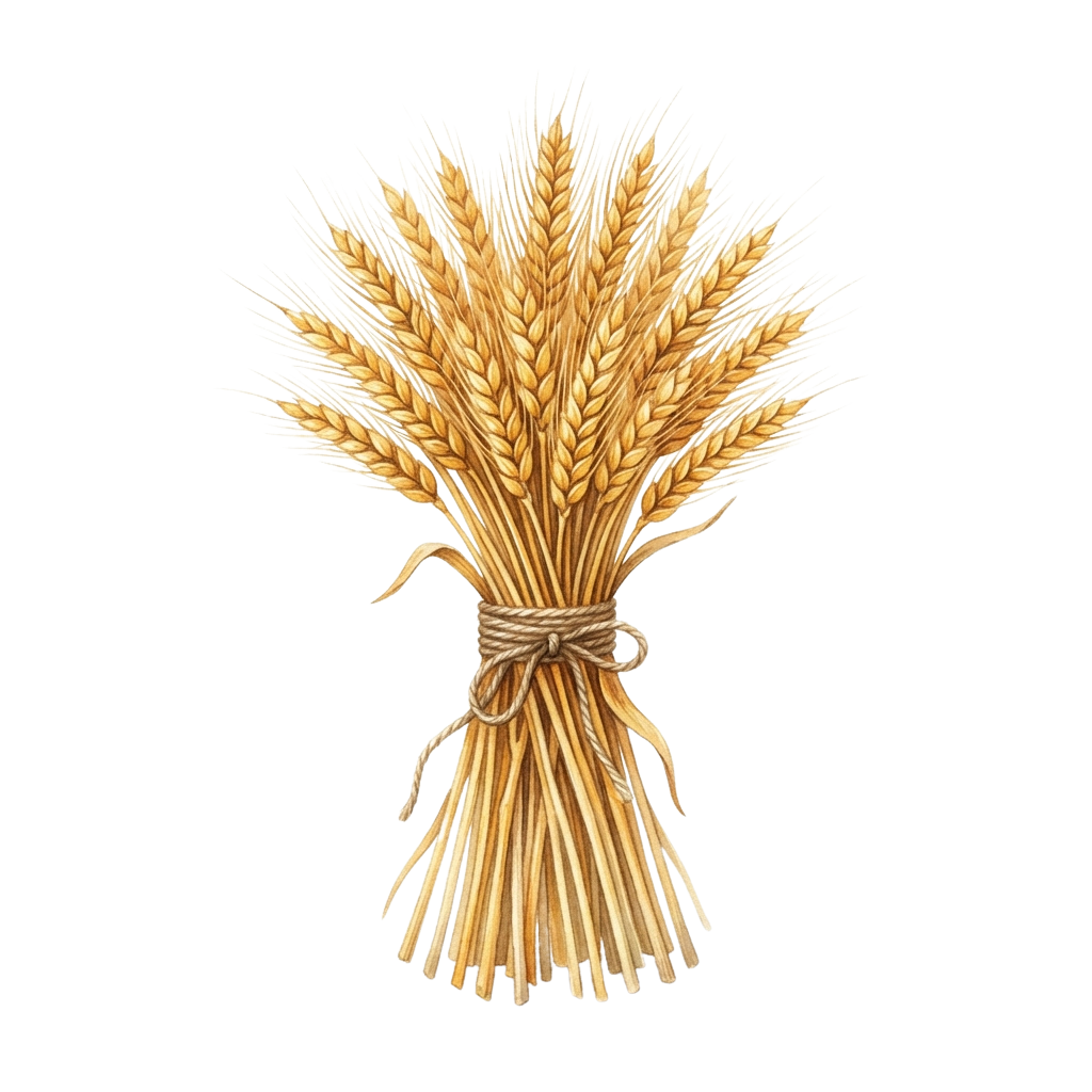 A bundle of golden wheat sheaves tied together with twine against a black background