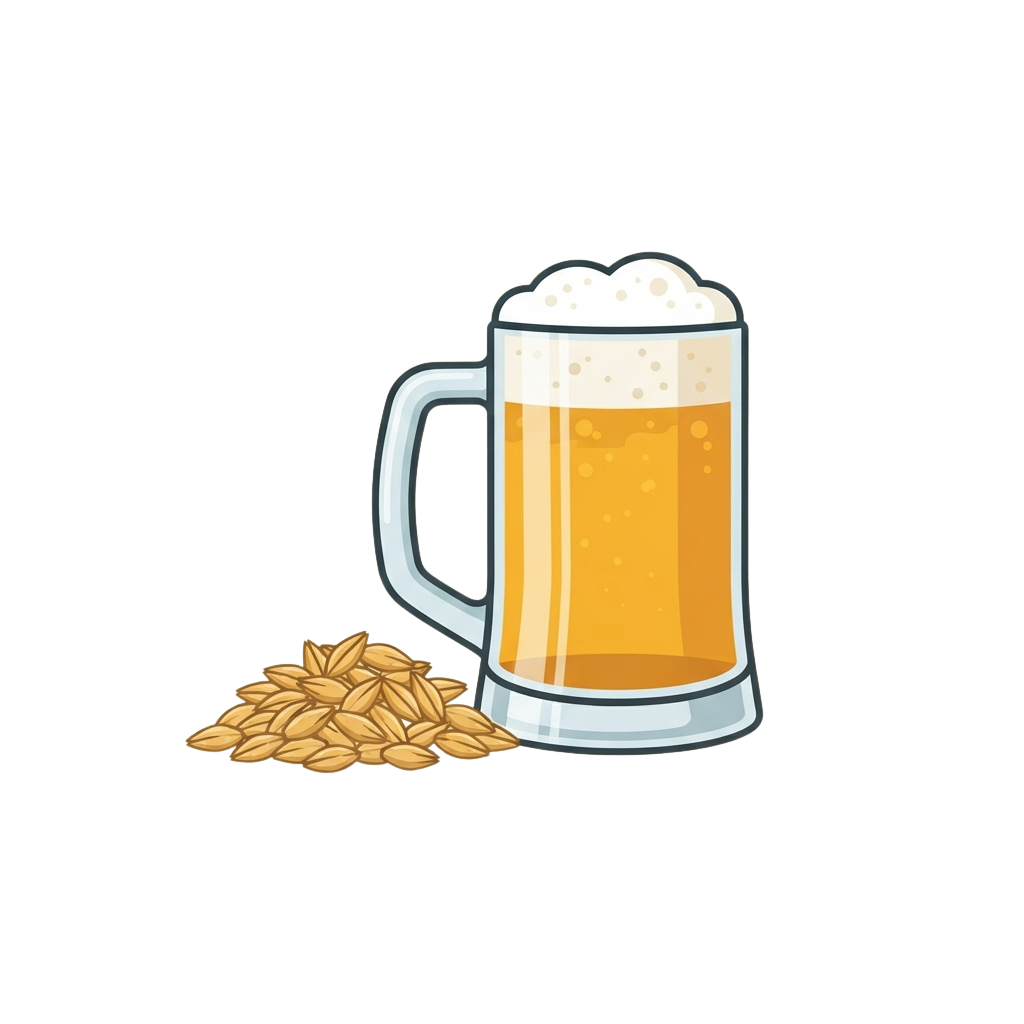 A frothy beer mug filled with golden beer and a pile of barley grains on a dark background