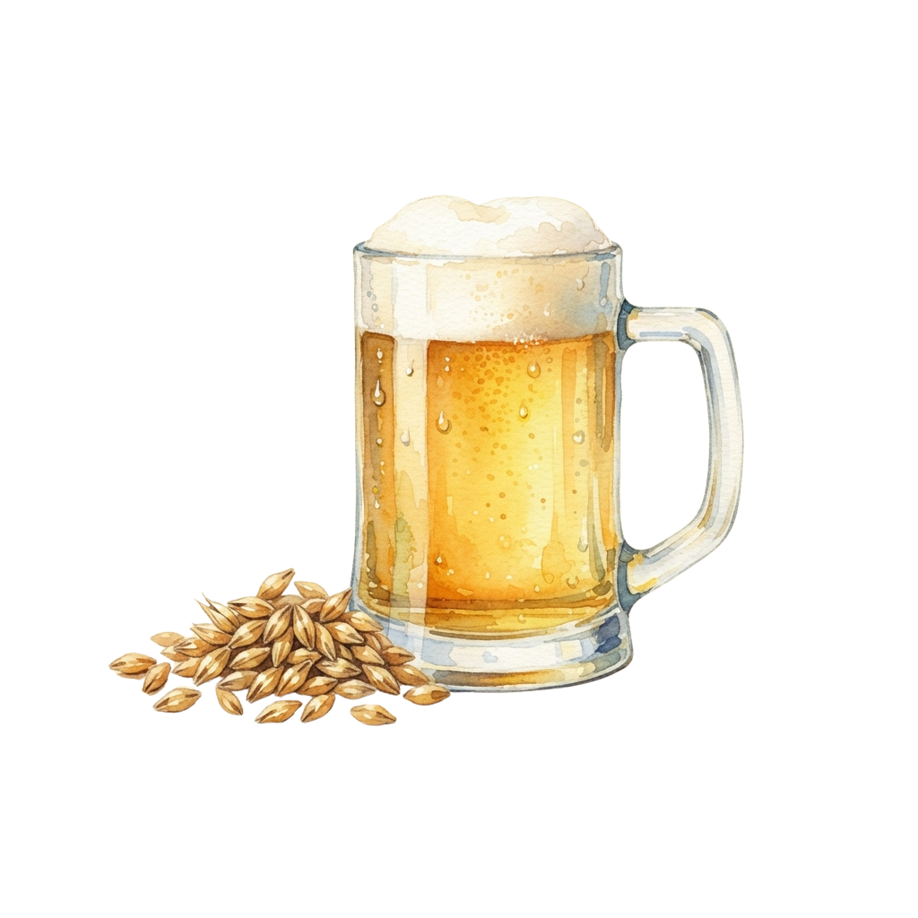 A frothy beer mug with golden liquid and barley grains scattered beside it