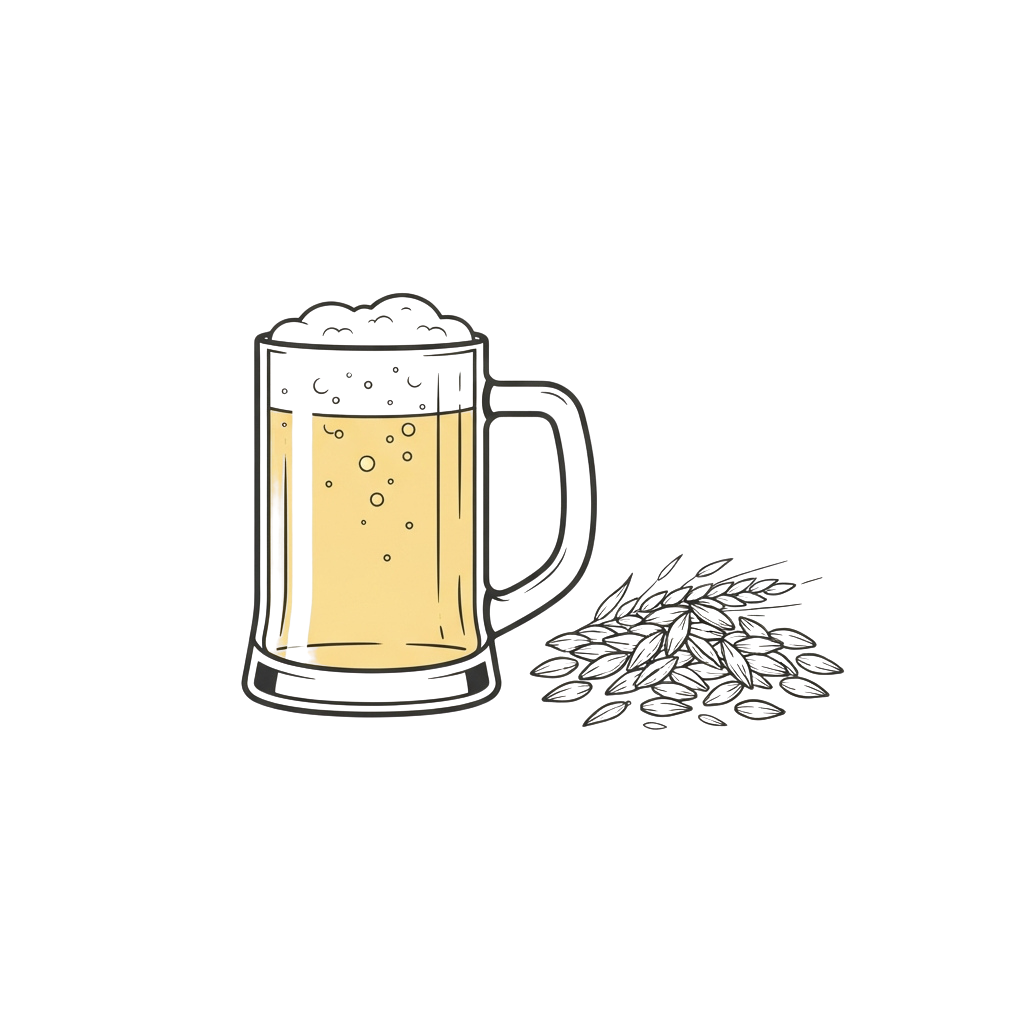 A sketch of a frothy beer mug with bubbles and a pile of hops beside it