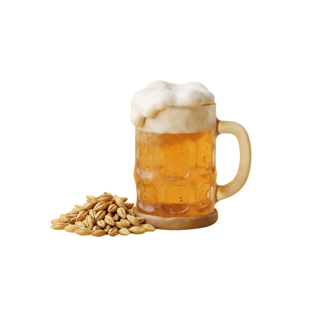 A frothy beer mug with a creamy white head and barley grains scattered beside it on a black background
