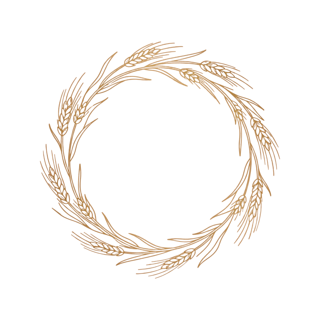 A circular wreath made of stylized wheat stalks in gold color against a black background
