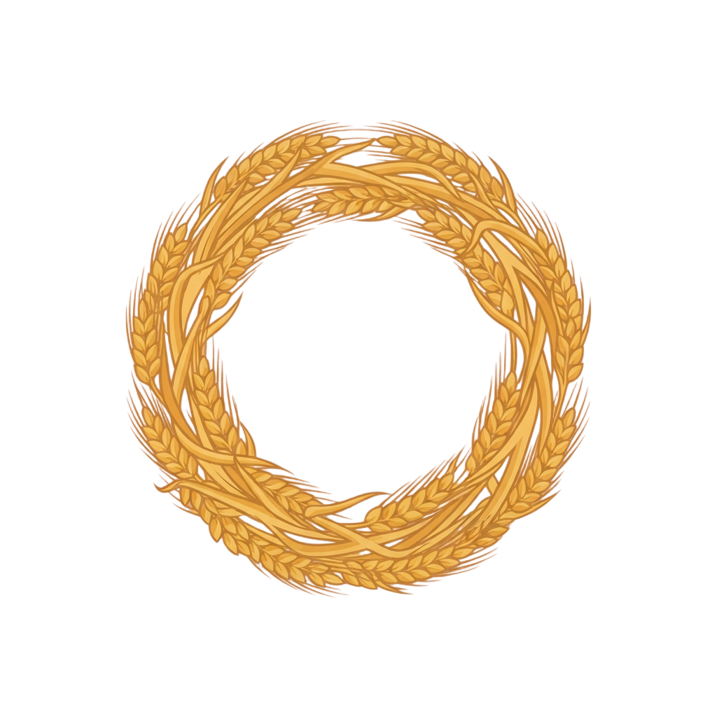 A detailed 3D rendering of an intricately woven golden wheat wreath against a black background