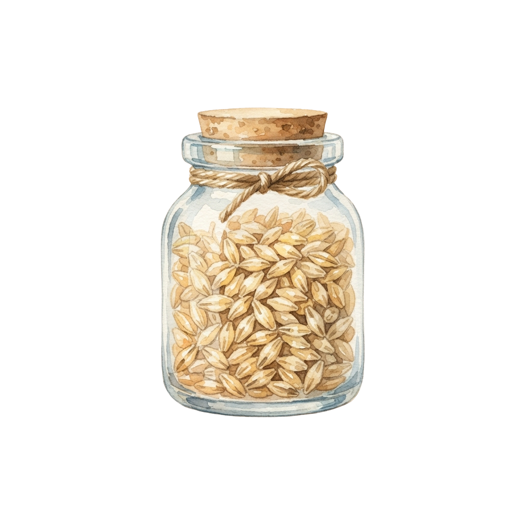 A clear glass jar with a cork lid filled with whole grain oats tied with twine.