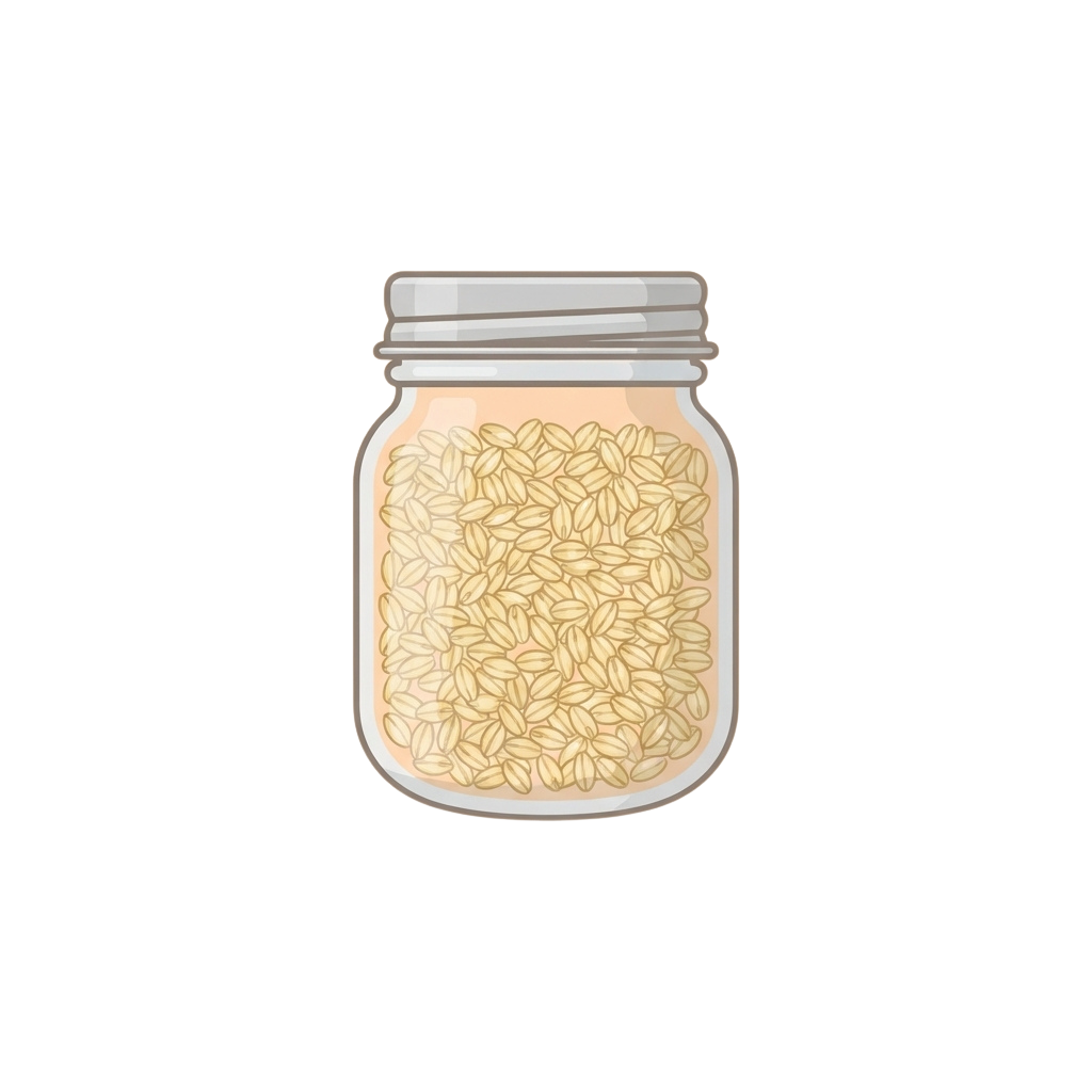 A clear glass jar with a metal lid filled with small, light-colored grains