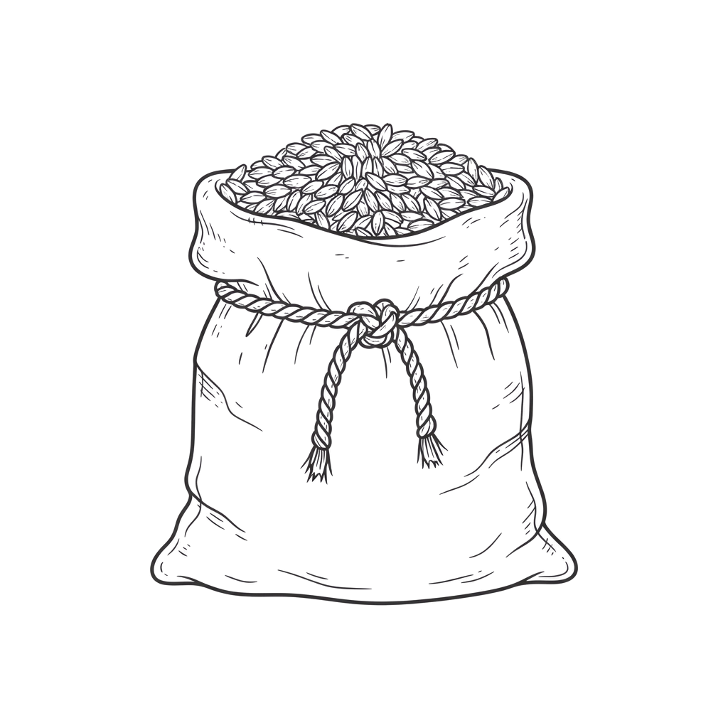 A sketch of a fabric sack tied with a rope, shown against a dark background