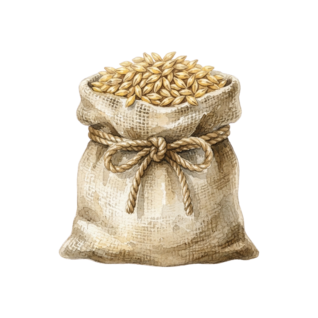 A burlap sack filled with golden oats tied with a rope bow against a dark background