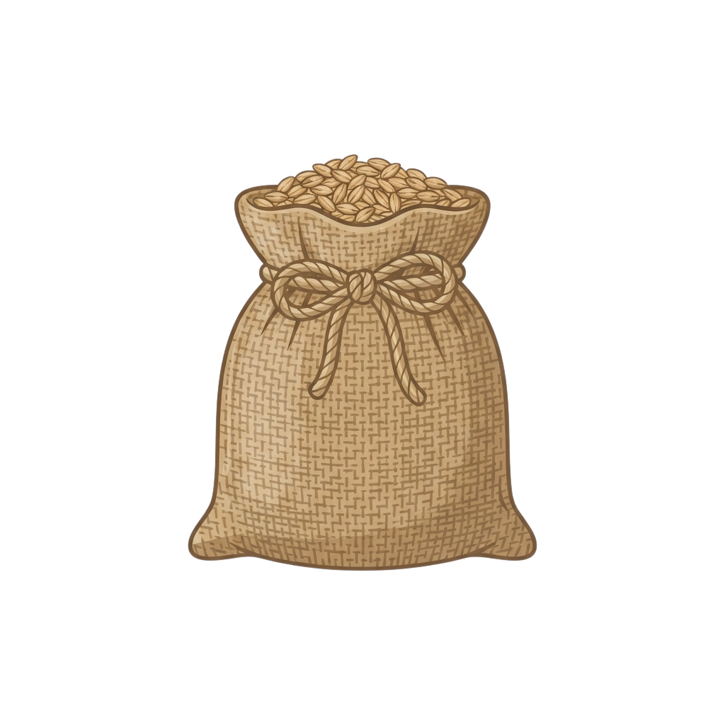 Illustration of a beige fabric sack tied with a bow, filled with grains or seeds.