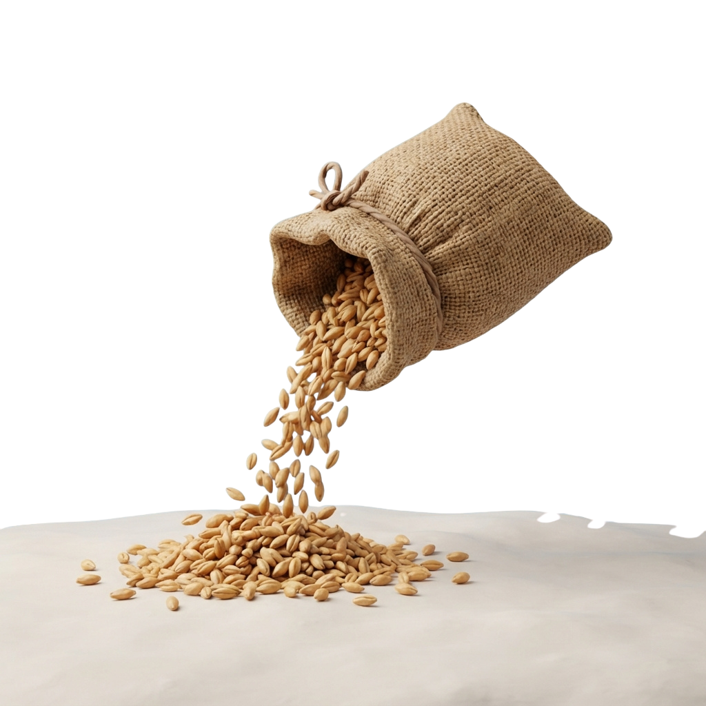 A burlap sack pouring grains onto a white surface