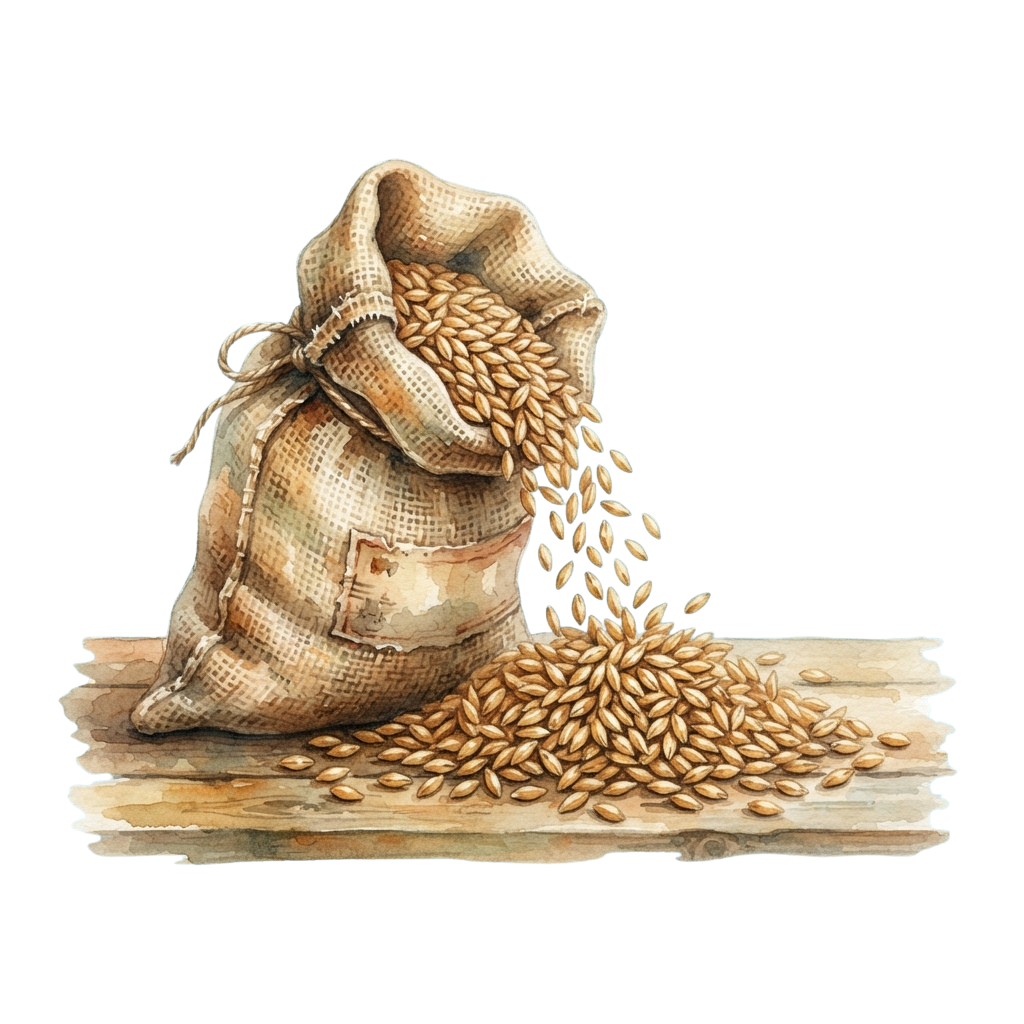 A burlap sack with grains spilling out onto a wooden surface