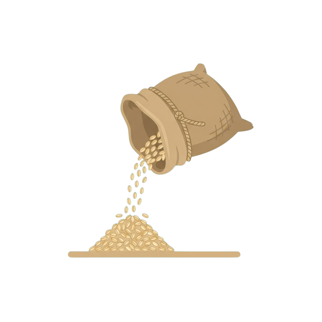 Illustration of a fabric sack pouring grains onto a flat surface