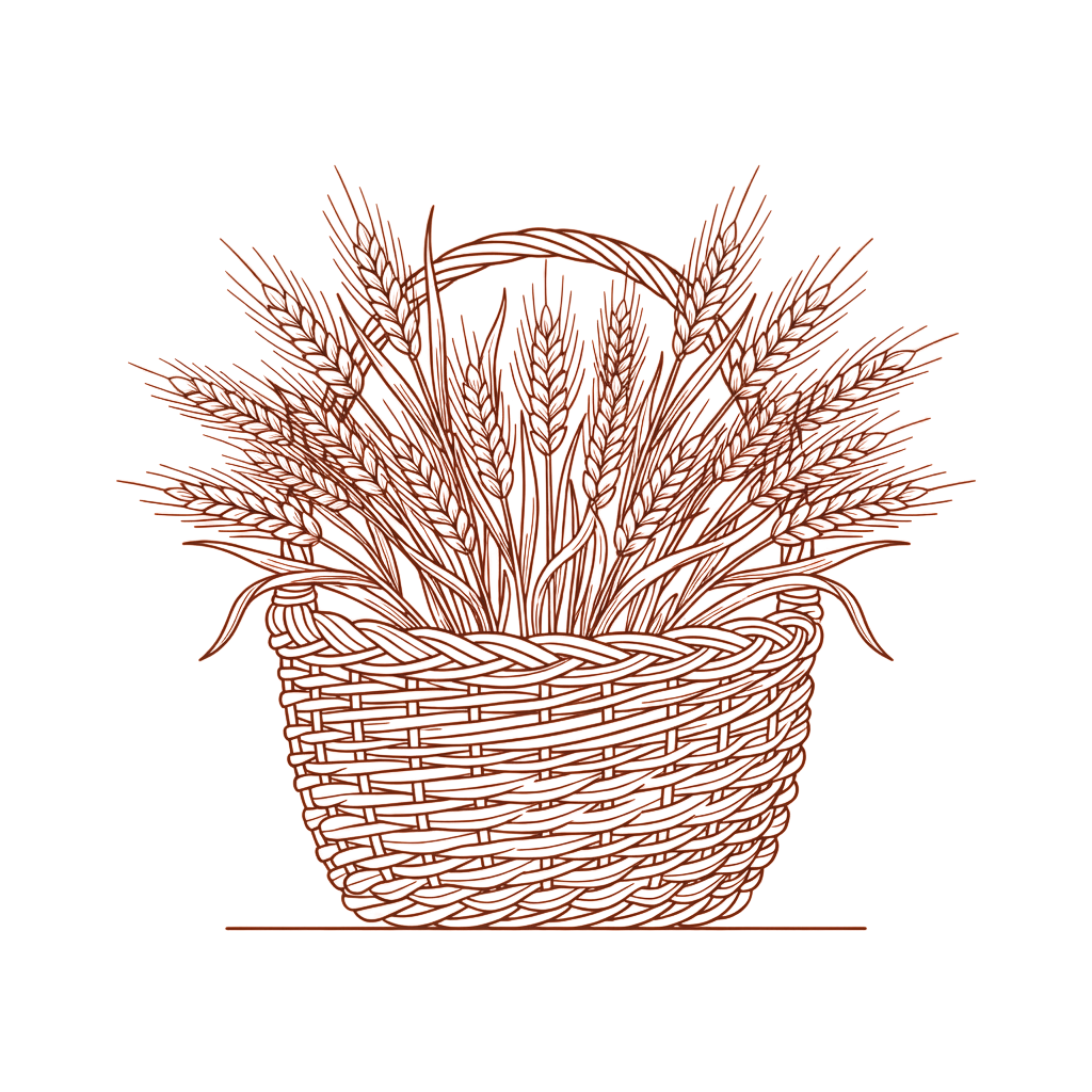A basket woven from brown material filled with wheat stalks and sheaves against a black background