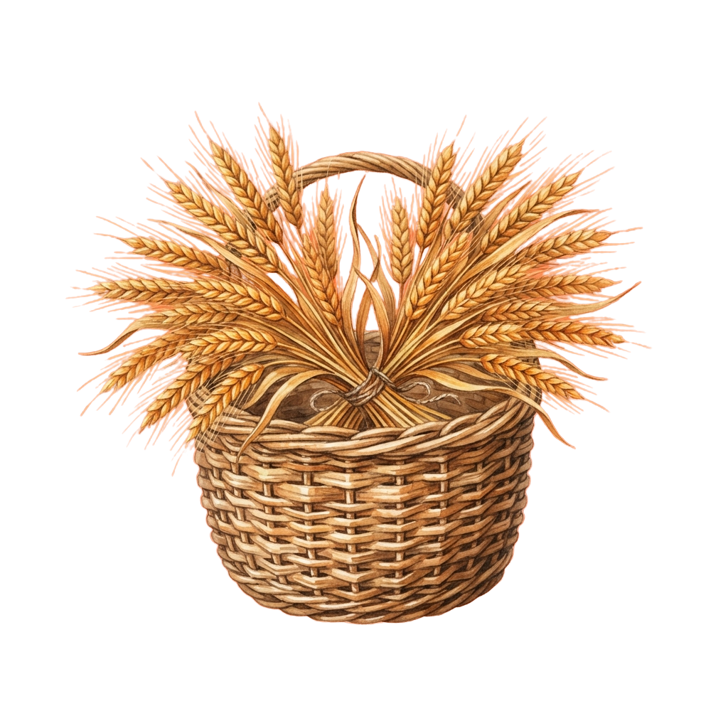 A woven basket holding bundles of golden wheat sheaves against a black background