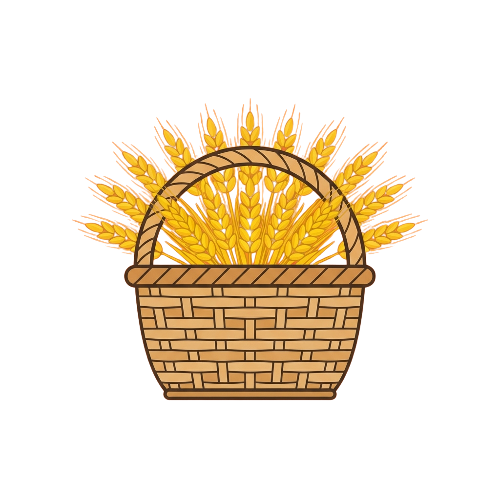 A woven basket filled with golden wheat sheaves, symbolizing harvest and abundance