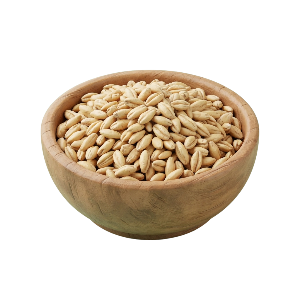 A wooden bowl containing light-colored whole grains or barley seeds