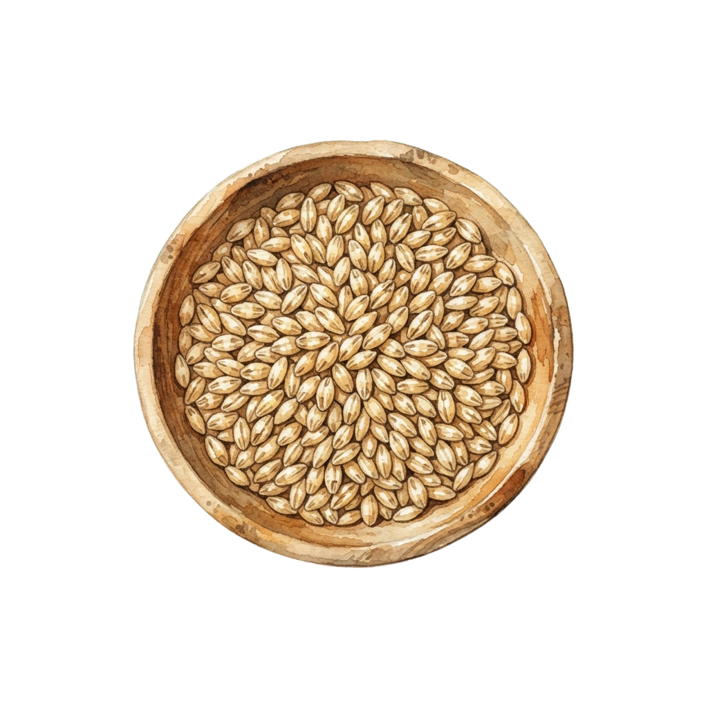 A wooden bowl containing whole barley grains arranged neatly in a circular pattern