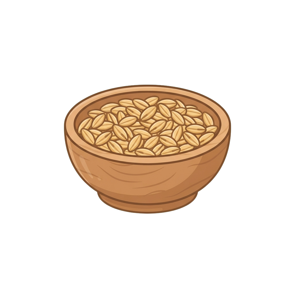 A wooden bowl containing light-colored whole grain seeds like rice or barley