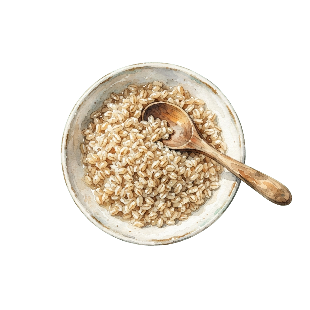 A white bowl filled with whole wheat berries and a wooden spoon resting inside.