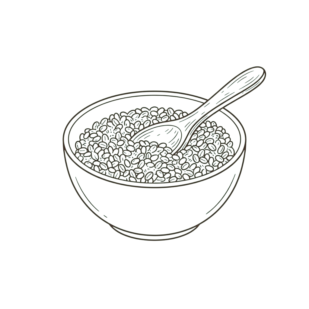 A bowl filled with noodles and a spoon resting inside, depicted in a minimalist line drawing style