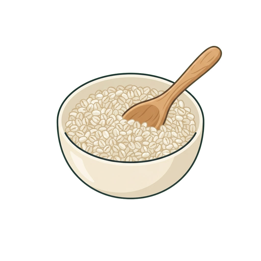 A white bowl filled with cooked oatmeal and a wooden spoon resting inside.